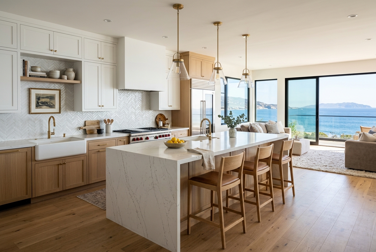 Luxury kitchen remodel in Laguna Beach CA with quartz waterfall island, custom cabinetry and ocean view windows